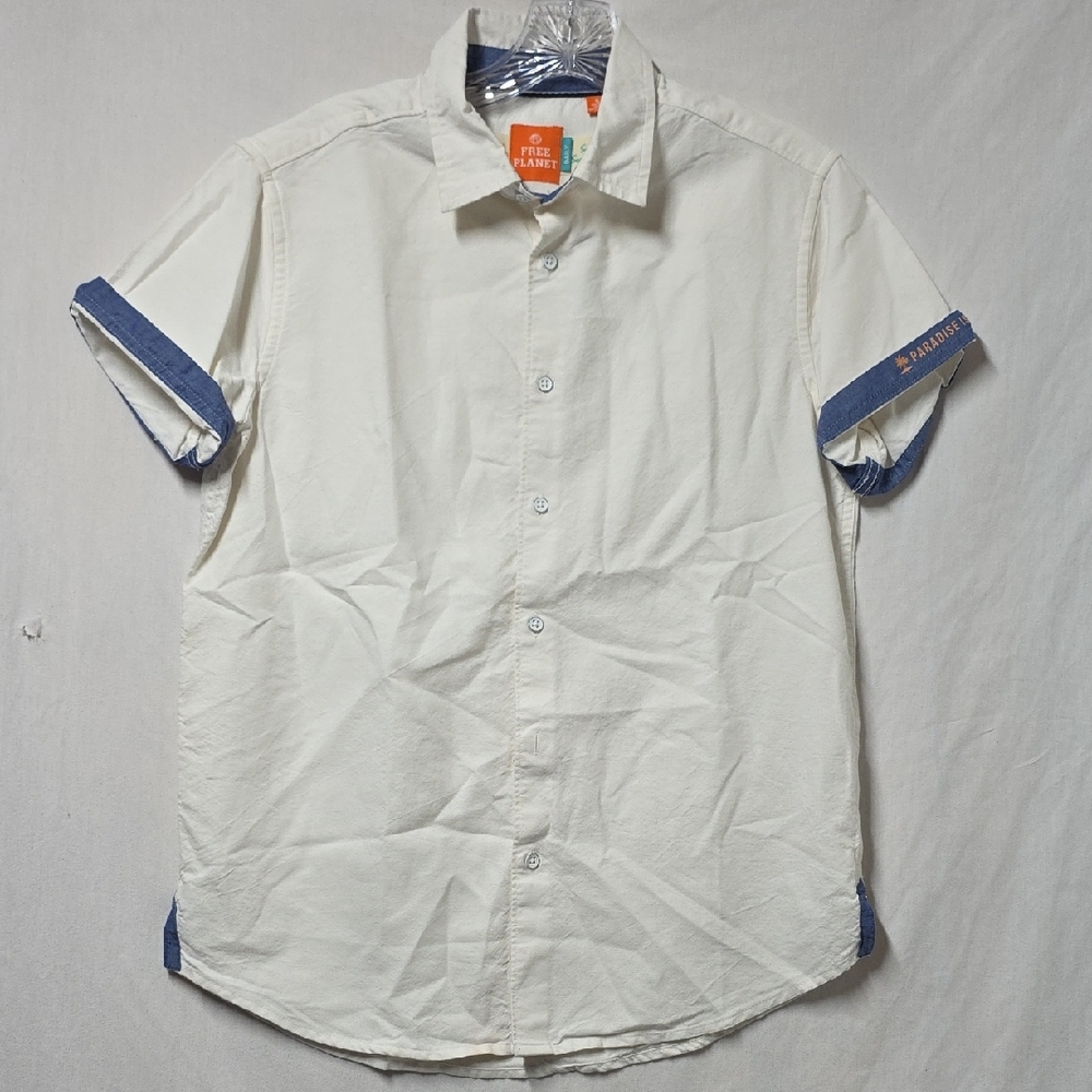Free Planet Cream and Blue Casual Button Down Daily Shirt Size Small